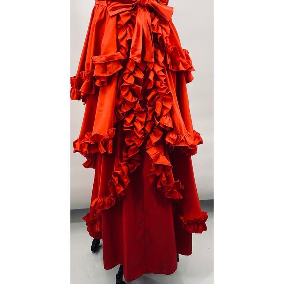 Vintage 70s Ruffled Gown Southern Belle Asymmetrical Neck Bow Waist Red 4 - Picture 7 of 11
